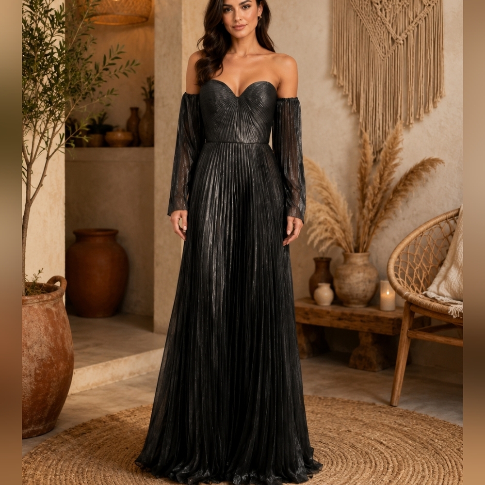 ZAC POSEN Maxi Dress Size 0 Gunmetal Womens New Pleated Long Sleves New